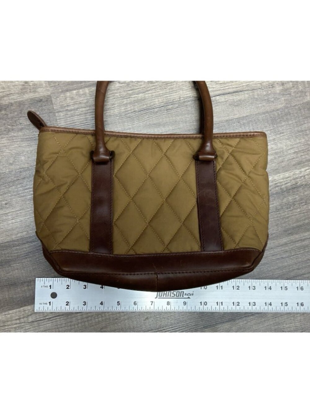 LL Bean Quilted Leather Tote Hand Bag Brown Purse Tan Zippered Pocket Y2K 283373 - Picture 4 of 13